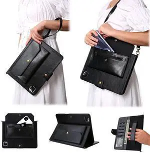 JH 2020/2021 iPad Pro 11 Leather Case,iPad Pro 11 Case with Pencil Holder,Money Pocket, Shoulder/Hand Strap, Kickstand, Flip Cover with Auto Sleep/Wake (Black, 11 inch 006)