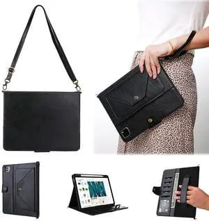 JH Case for iPad Pro 12.9 inch Gen 5 2021/2020 (Fits Model #s A2378, A2379, A2461, A2462) with Shoulder/Hand Strap,Money Pocket,Card Slot-Auto Sleep/Wake Cover (Black, 12.9 Inch 001)