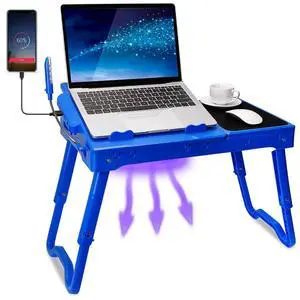 TeqHome Laptop Table for Bed, Adjustable Laptop Bed Desk with Fan, 4 USB Ports, Portable Lap Desk with Foldable Legs, Laptops Stand for Couch Sofa Bed Tray with LED Light, Storage, Mouse Pad - Blue