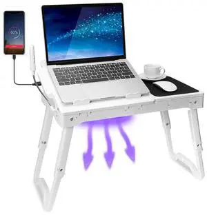 TeqHome Laptop Table for Bed, Adjustable Laptop Bed Desk with Fan, 4 USB Ports, Portable Lap Desk with Foldable Legs, Laptops Stand for Couch Sofa Bed Tray with LED Light, Storage, Mouse Pad - White