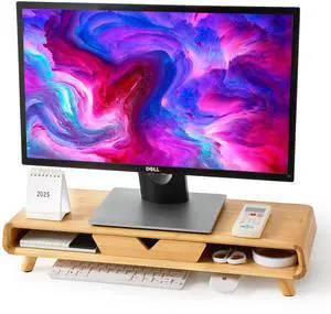 Homerays Bamboo Monitor Stand Riser, No Assembly Required Exquisite Monitor Stand with Drawer Ergonomic Height Wood Monitor Stand