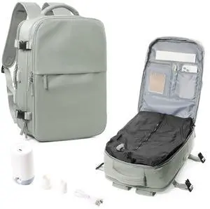 Large Vacuum Seal Compression Travel Backpack for Women Men Air Vacpack Travel Vacuum Bags with Pump Laptop Backpack with Shoe Compartment Carry On Suitcase Luggage Flight Approved Grass Green