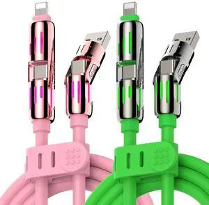 MFish 240W 4-in-1 Universal USB Charging Cable [2 Pack, 6.6ft]  Fast Charger Cord with USB-A, Dual USB-C & Lighting, for iPhone 14/15/16/17 Series, iPad & MacBook & More (2PACK, Pink+Green, 6.6Ft)