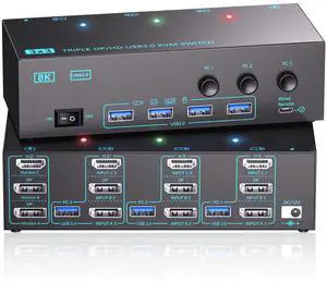 3 Monitors 3 Computers KVM Switch, Reyoten 8K@60Hz KVM Switcher, 3 Monitors 3 Computers KVM Switches with 4 USB3.0 Ports, 4K Switch Keyboard Mouse Printer with USB Cables, Power Adapter