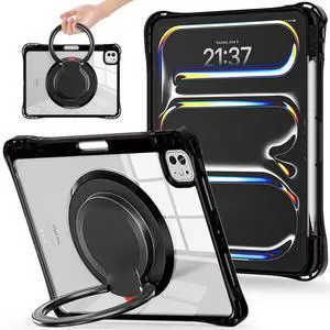 Miimall Transparent Case for iPad Pro 11 Inch 2024 M4 with Kickstand, 360° Rotating Stand, Shockproof/Pencil Holder/180° Folding Handle Shell Protective Cover for iPad Pro 11-Inch (Black&Clear)