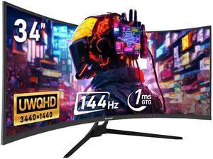 Gawfolk 34 Inch Ultrawide Curved 144Hz Gaming Computer Monitor 1500R PC Screen 21:9 UWQHD (3440x1440),Adaptive Sync,178° Viewing Angle,Display Port 1.4HDMI 2.0,Compatible with Wall mounting -Black