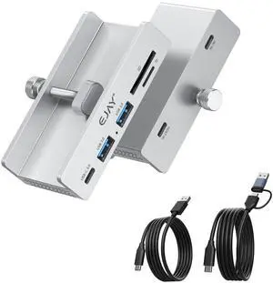 EJAY 5Ports USB3.0 HUB Alu Splitter Desktop Docking with Card Reader for Desk/Monitor Clipping with Extra Power Supply Port,59inches Data & 39inches Power Cable-5Gbps(Silver)