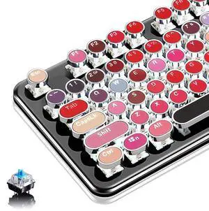 Basaltech Typewriter Style with White LED Backlight,Vintage Mechanical Gaming Keyboards with Lipstick Round Keycaps, Blue Switches 104-Keys Wired Keyboard Metal Panel for Laptop/pc