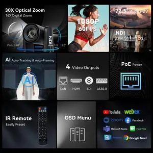 TONGVEO NDI AI Auto-Tracking IP PTZ Camera SDI/HDMI/USB3.0/LAN PoE 30X Optical + 16X Digital Zoom 1080P 60fps for Live Streaming Church Services Education Video Conference with OBS vMix and More