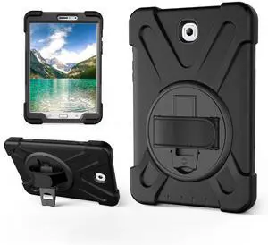 Juaupepo Rugged Case for Samsung Galaxy Tab S2 8.0 inch-2015-(SM-T710 T715 T713),Portable Hybrid Shock-Proof Cover with 360° Rotatable Hook&Loop Handle,Shoulder Strap (Black)
