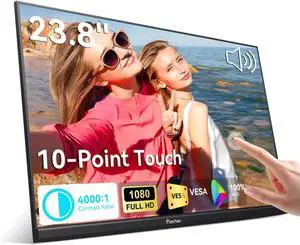 23.8" Portable Touchscreen Monitor 100% sRGB VA FHD 1080P, 4000:1 Contrast, VESA, Built-in Speaker, w/90°Adjustable Stand USB-C HDMI 75Hz External Second Touch Screen Display for Laptop/PC/Phone