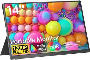DHPL Portable Monitor 14" Ultra-Slim | 1920:1200 FHD Screen 16:10 IPS Display 100% sRGB | USB-C/HDMI, for Laptop/Mac/Phone/Xbox/PS4/Switch| Built-in Speakers & Protective Cover