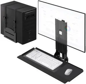 Monitor and Keyboard Wall Mount with CPU Holder for 32" Monitors (55 lbs Max), Keyboard Tray (4.4 lbs Load) & CPU Holder (22 lbs Capacity) - Height Adjustable, with Mouse Pad, VESA75/100