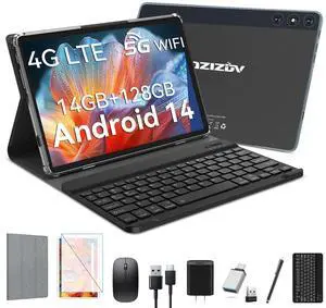 VOZIZOV Android 14 10" 2-in-1 Tablet with Keyboard/Case, 14GB RAM, 128GB ROM (TF 1TB), Octa-Core, Incell Display, 5G WiFi+4G LTE, 8000mAh, GPS, Gray