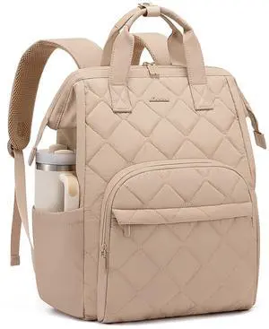 LOVEVOOK Laptop Backpack for Women, Puffer Quilted Computer Bag for Travel Work Business, Casual Daypack for Teacher Nurse,17.3 Inch, Khaki