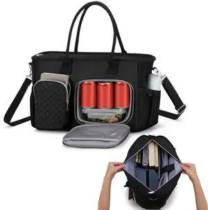 Women Laptop Tote Bag with Insulated Lunch Compartment,15.6'' Teacher Work Computer Bag,Large Water-Resistant Messenger Shoulder Bag with Multi Pockets for Office/College/Travel-Black