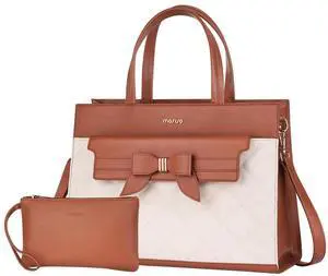 MOSISO Laptop Tote Bag, 15.6 inch PU Leather Flapover Pocket Tote Bag & Clutch Purse, Work Bag with Bowknot for Women, Waterproof Computer Briefcase for Business Office, Brown