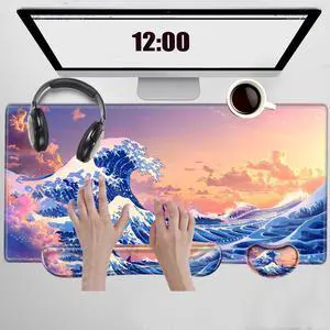 Gaming Mouse Pad with Wrist Support Japanese Sea Wave Desk Mat Large Mousepad and Keyborad Wrist Rest 31.5" x 15.75" Computer Mat XXL Mouse Mat for Office Work