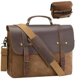 Men's Messenger Bag Waxed Canvas Briefcase 16 Inch Vintage Genuine Leather Computer Laptop Bags Waterproof Satchel Shoulder Bag for Work/Business/Office