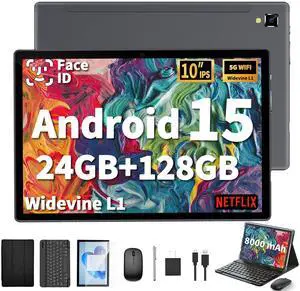 YOBANSE 2025 Tablet with Keyboard, 24GB RAM, 128GB ROM(2TB Expand), 10.1 inch Android 15 Tablet, 8000mAh Battery, BT 5.0, GMS Certified, 5G/2.4G WiFi, Tablets with Mouse, Case, Stylus-Black Case