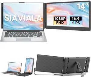 siaviala Laptop Screen Extender, 14 FHD 1080P IPS Dual Laptop Monitor Extender, Portable Monitor for 13-17.3 Laptops, Plug & Play Dual Screens for Windows/Mac/Android with USB C/HDMI Port