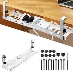 EYPINS Under Desk Cable Management Tray - No Drill 16-29inch Retractable Underdesk Cable Rack 22PCS, Computer Cord Organizer Under Desk, Sturdy Carbon Steel Wire Storage Tray for Home Office, White