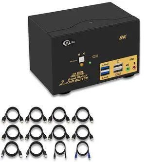 CKLau 2 Port USB 3.0 Quad Monitor KVM Switch HDMI 2.1 8K@60Hz 4K@144Hz with Audio Output and All Input Cable, 2 PCs 4 Monitors Video Keyboard Mouse Peripheral Sharing Switcher