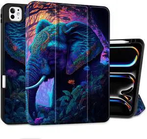 MEEgoodo Case for M5 iPad Pro 11 inch 2025/M4 iPad Pro 11 inch Case 2024, Tablet Cover with Trifold Stand & Pencil Holder & Auto Wake/Sleep & Soft TPU Back Cover, Elephants