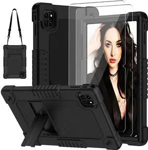 Kebiory Compatible with Callsky-Tab Cpad 10/Ctab 10 10.1 inch Tablet Case Hybrid Kids Friendly Cover with Kickstand Strap 2Pcs Screen Protector for Callsky-Tab Cpad 10/Ctab 10 Tablet (Black+2 Pcs)