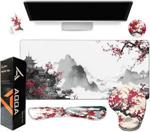 AQQA Japanese Desk Mat Set, Large Gaming Mouse Pad with Wrist Rest, Ergonomic Mouse Pad Keyboard Mat Wrist Support,Phone Holder,Cup Coaster,Home Office Desk Accessories Decor Supplies, Cherry Blossom