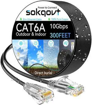 Cat6a Ethernet Cable Slim 300ft Outdoor&Indoor, 28AWG Pure Copper Cat6 Internet Cable for Waterproof & Direct Burial, Flexible Cat6 Ethernet Cable 10G 550MHZ, Cat 6 Network cable for Indoor Black