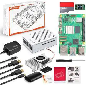 RasTech Raspberry Pi 5 16GB Kit 64GB Edition with Active Cooler,GaN 27W 5.1V5A USB-C Power Supply,Pi5 16GB Board,64GB Card Readers Kit, White Case for Pi 5,Dual 4K Micro HD Out Cables and User Manual