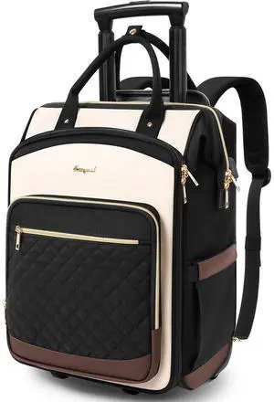 Rolling Backpack for Women, Travel Backpack with Wheels, Dual-Opening Wheeled Laptop Backpack, Stylish Rolling Laptop Bag, Overnight Underseat Carry on Luggage for College Business Work, Beige Brown