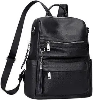 ALTOSY Genuine Leather Backpack Purse for Women Convertible Shoulder bag Soft Crossdody Bag with Laptop Compartment Large (S108 Black)