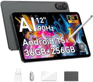 Blackview 12 inch Tablet Android 15 Tablets 2025 Air Gesture, FHD+ 2K IPS Display 90Hz, 36GB RAM + 256GB ROM, 9000mAh, Pen &Case, Octa-Core A733 Up to 2.0GHZ, WiFi 6, BT5.2, Widevine L1, GPS GMS