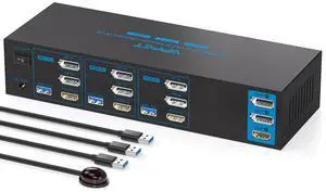 4K144Hz Displayport KVM Switch 3 Monitors 3 Computers 1 HDMI 8K30Hz KVM Switches Triple Monitor for 3 PC Share 3 Screens and 4 USB 3.0 Ports with Power Adapter and USB Cables