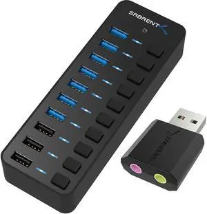60W 10 Port USB 3.0 Hub Includes 3 Smart Charging Ports with Individual Power Switches and LEDs and 60W 12V/5A Power Adapter+USB External Stereo Sound Adapter for Windows and Mac. Plug and Play No Dr