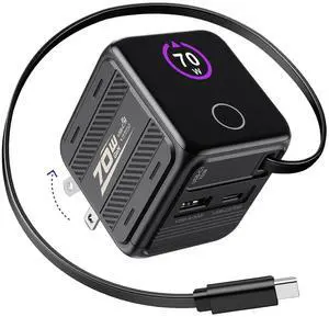 70W Retractable Charger, USB C Charger Block Build-in C Cable Wall Charger, Multi-Device Fast Charging GaN Power Adapter, Touch Control LCD Monitor, for iPhone 17, iPad, Samsung S25/24