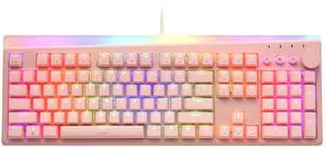 i-rocks K71M RGB Mechanical Gaming Keyboard with Media Control Knob, Switches (Brown), 107 Keys w/Full NKRO, PBT Keycaps, Multimedia Hotkeys, Detachable USB-C Cable and Onboard Storage, Pink