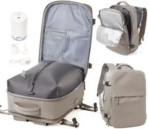 Vacuum Backpack with Pump for Women Men, Compression Backpack for Travel, Vacpack for School Business Trip, Lightweight Airback Backpacks with Vacuum Seal, Carry On Bag for Airport( Gray Brown Large)