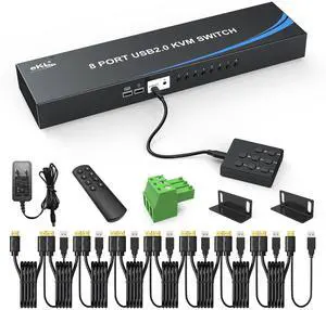 eKL 8 Port HDMI KVM Switch, Supports 4K@30Hz, 1U Rack Mount, 4 USB 2.0 Hubs, RS232, Remote, Wired Desktop Controller with 8 HDMI KVM Cables, Rack Ears