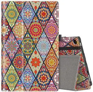 VORI Case for Amazon Fire HD 10 Tablet (9th/7th/5th Generation,2019/2017/2015 Release), Folio Folding Smart Stand Cover with Hand Strap and Auto Wake/Sleep for Fire 10.1 Inch, Mandala Flowers