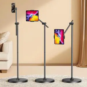 DIMONCOAT [Height-Adjustable & 360° Rotation Tablet Floor Stand Stable Base, Aluminum Alloy iPad Stand Floor Holder for iPad Mini Air Pro 12.9/9.7, Monitor, Kindle, iPhone 16, Cell Phones (4.7"-15.6")