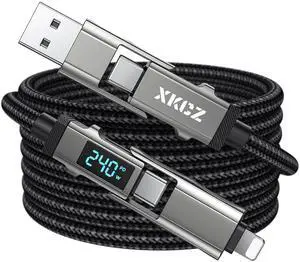 4 in 1 USB C Cable with Wattage Display, 240W Round Nylon Braided Multi Charging Cable with Data Sync, USB C Charging Cord Combo Type C/USB A/iPhone Port for iPhone/iPad/Samsung/Laptop, 5FT