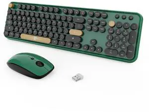 FOPETT Wireless Keyboard and Mouse Combo, 104 Keys Full-Sized 2.4 GHz Round Keycap Colorful Keyboards, USB Receiver Plug and Play, for Windows, Mac, PC, Laptop, Desktop (Black Green)