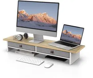 Fenge Monitor Stand with Drawer, 2 Tiers Dual Monitor Riser for Desk, 35 Inch Computer Stand for 2 Monitors, Desk Shelf for Home, Office, Laptop, PC, TV, Printer