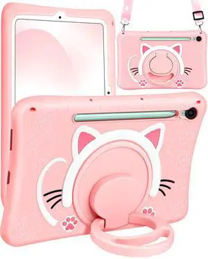 Wazzasoft for Galaxy Tab S10 FE/S9 FE Case 10.9 Inch - Girls Cute Cat Kitten 3D Cartoon Women Soft Silicone Tablet Cover for Samsung Galaxy S9 FE with Rotating Stand & Strap Funda para Tab S10 FE 5G