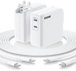 Essri MacBook Pro Charger,100W USB C Charger 2Pack with Foldable Plug,Dual 65W Ports Fast Charging for MacBook Pro Air,iPad Pro,iPhone 17/16/15,Includes 6FT+10FT USB C to C Cables - White