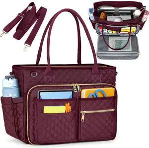 RAINSMORE Teacher Tote Bag 15.6 inch Laptop Bag for Women Work Bags Laptop Tote Nurse Bag Professional Computer Messenger with Insulated Pocket, Laptop Briefcase for Office, College, Nursing, Wine