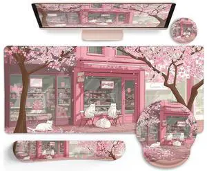 LIMKRIAN Anime Cat Mouse Pad Set, XXL Gaming Mouse Pad with Wrist Rest, Keyboard Mat, Cat Coaster, Cute Office Desk Decor Accessories, Pink Lycra